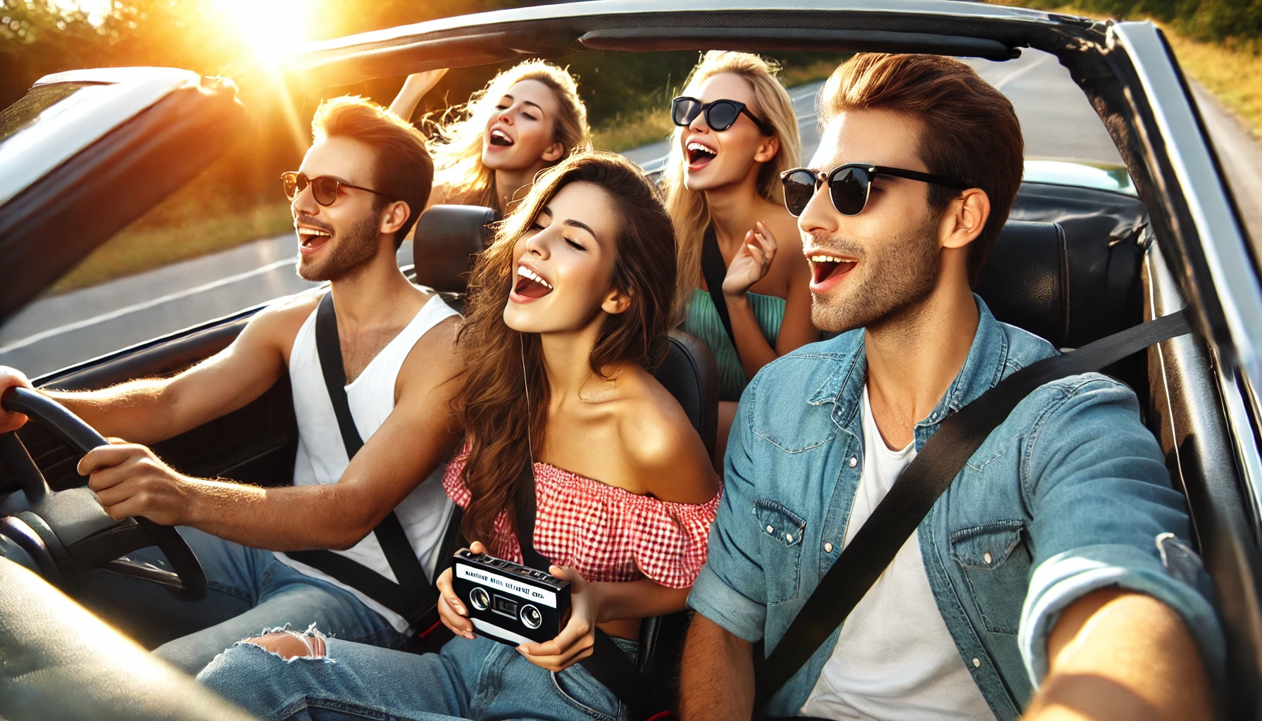 DALL·E 2024-07-18 10.17.46 - A group of young adults (ages 18-34) having a fun road trip in a convertible car on a sunny day. They are singing along to music and enjoying the open